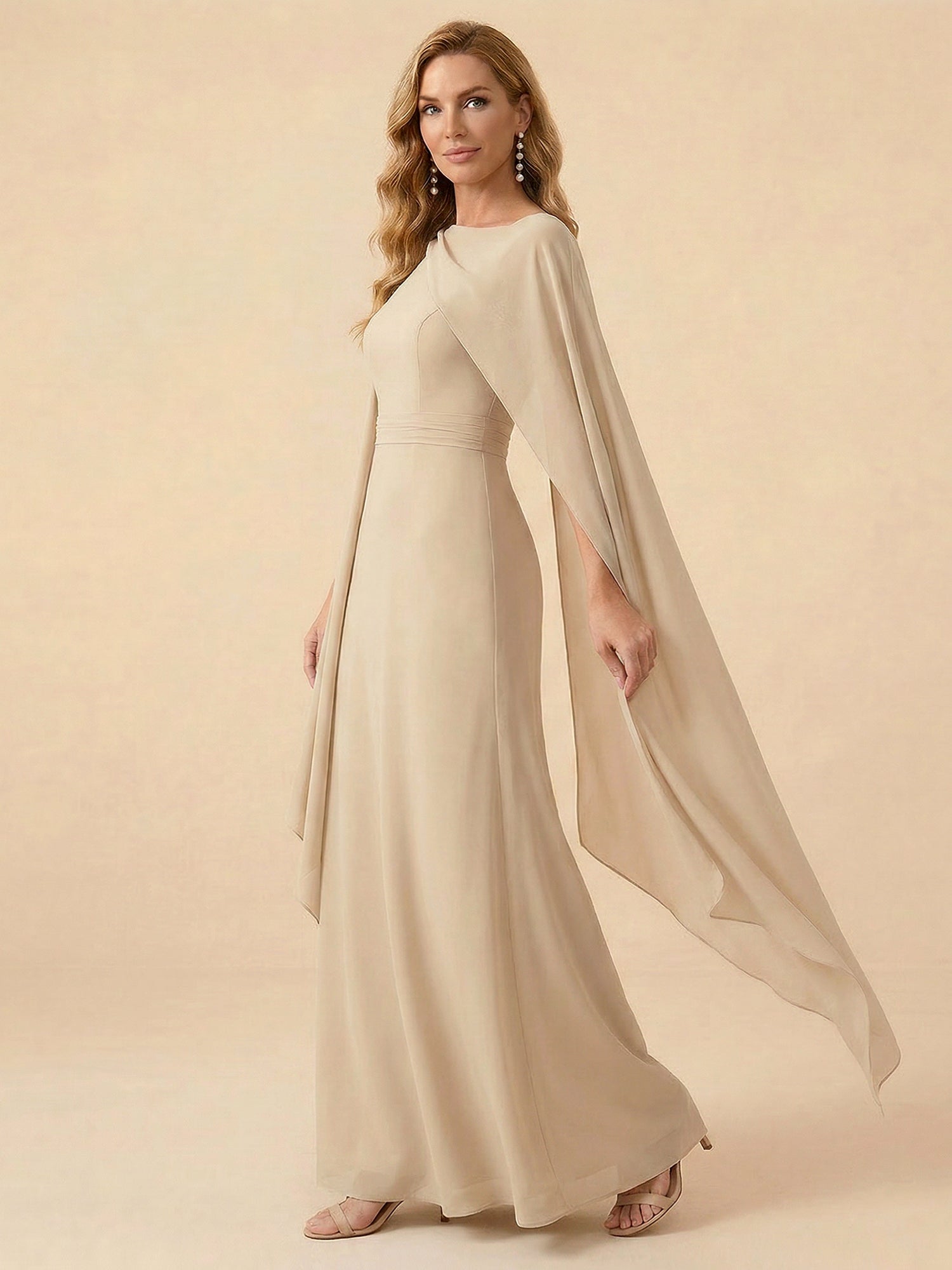 Cape Sleeve V-Back Chiffon A-Line Mother of the Bride Dress Maxi Dress