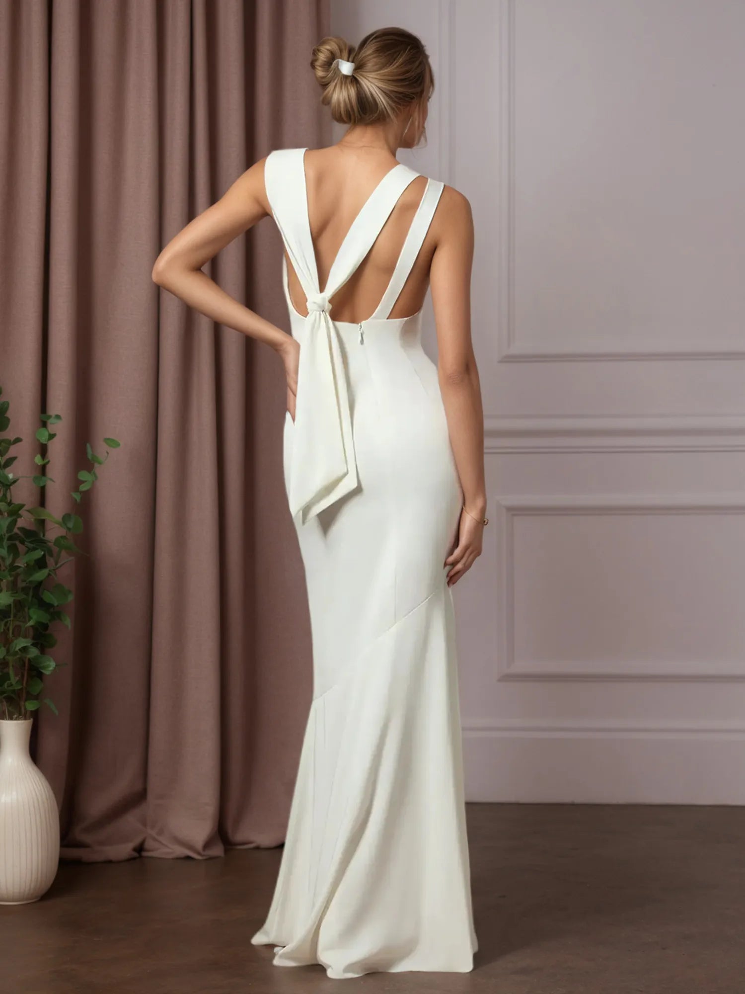 White Mermaid Boat Neckline Stretch Crepe Wedding Dress