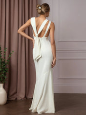 White Mermaid Boat Neckline Stretch Crepe Wedding Dress