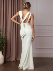 White Mermaid Boat Neckline Stretch Crepe Wedding Dress
