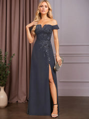 A-line Off the Shoulder Floor-Length Lace Chiffon Evening Dress With Sequins