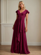A Line V Neck Short Sleeve Velvet Mother of the Bride Dress With Ruffles