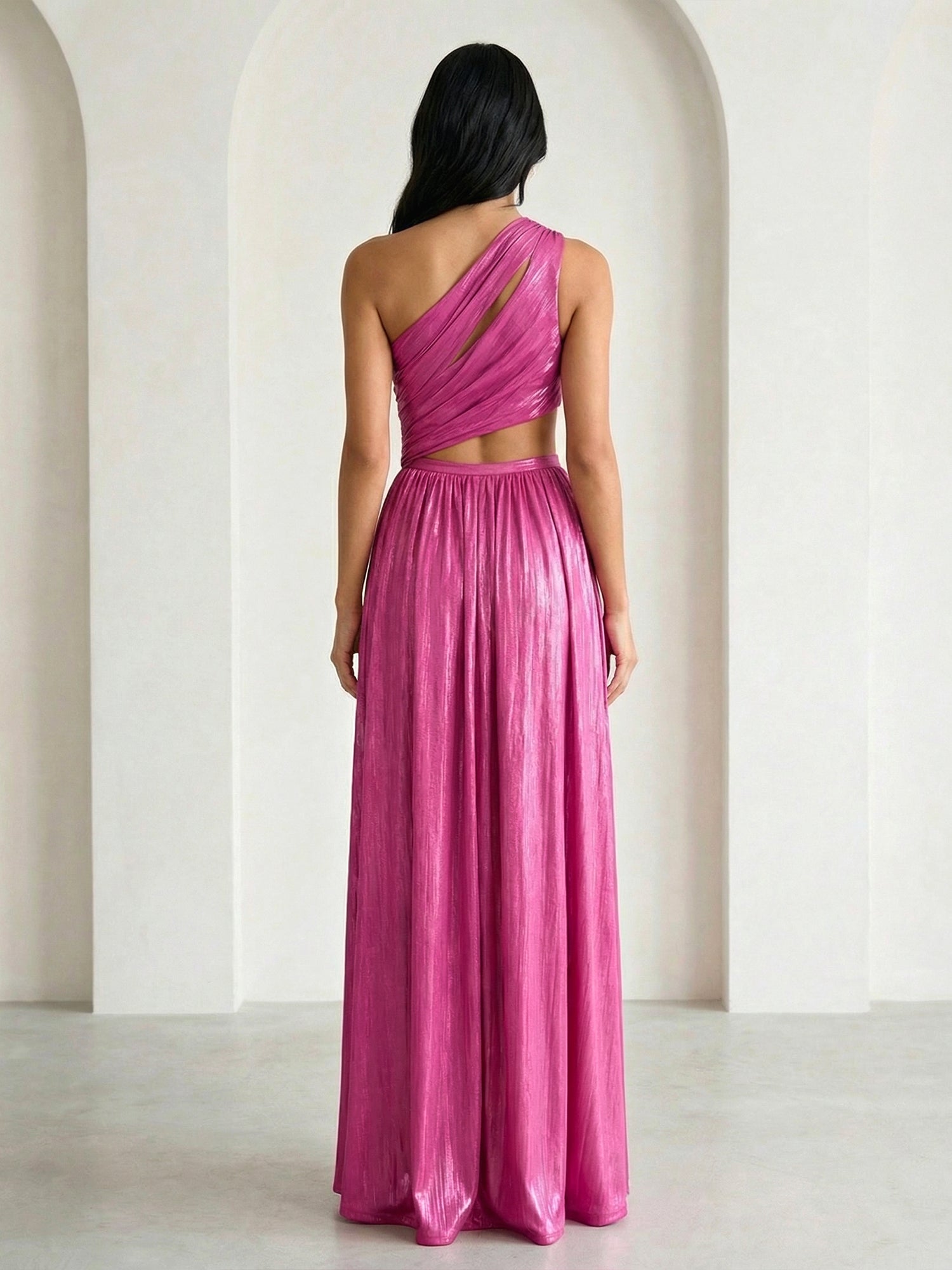 Fuchsia One Shoulder Hollowed Maxi Dress with Pleat