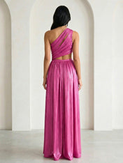 Fuchsia One Shoulder Hollowed Maxi Dress with Pleat
