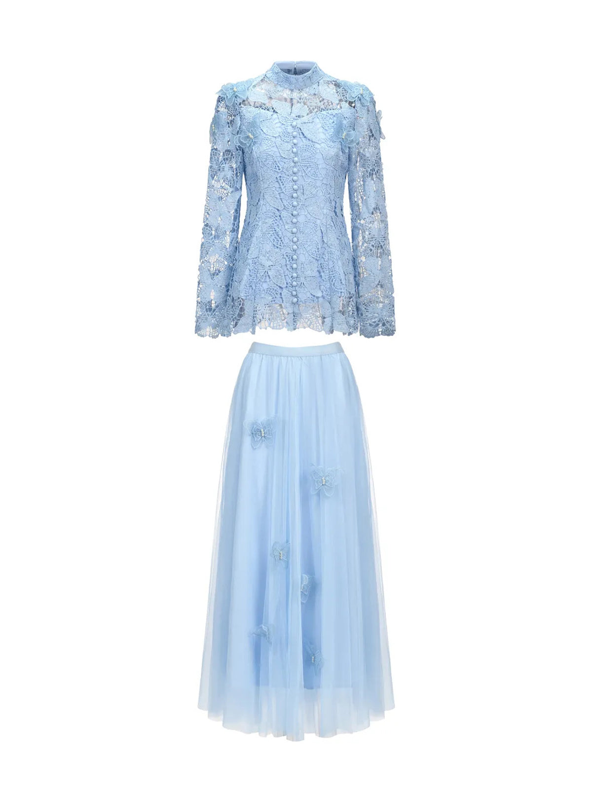Blue Long Sleeve Folds Lace Butterfly Top And Skirt Two-Piece Set