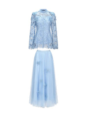 Blue Long Sleeve Folds Lace Butterfly Top And Skirt Two-Piece Set