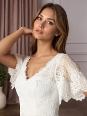 White A-Line V-Neck lace Chiffon Wedding Dress