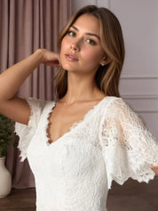 White A-Line V-Neck lace Chiffon Wedding Dress