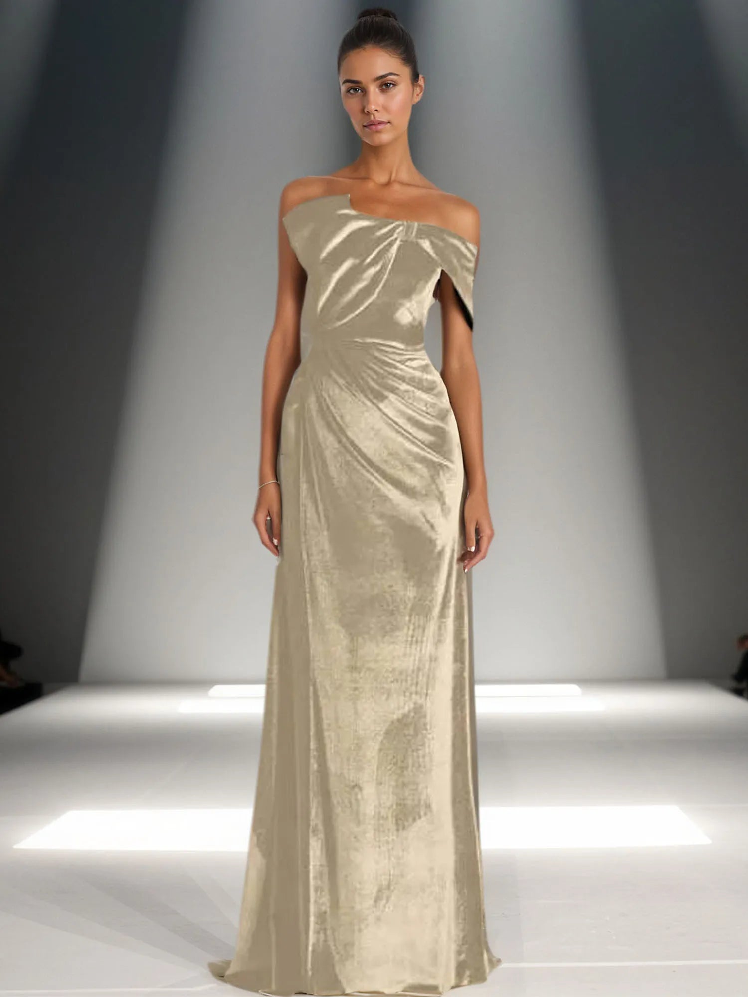 Off-Shoulder Bowknot Detail Velvet Maxi Gown Formal Evening Dress