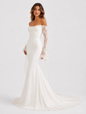 Off-the-Shoulder Lace Long Sleeve Ruched Mermaid Wedding Dress with Chapel Train