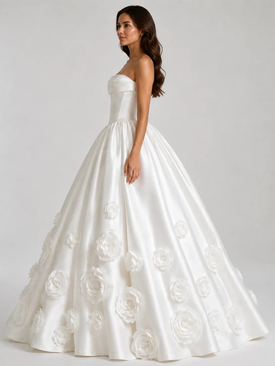 Elegant Strapless Satin Ball Gown Wedding Dress with 3D Floral Appliqués and Draped Straight Neckline