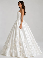 Elegant Strapless Satin Ball Gown Wedding Dress with 3D Floral Appliqués and Draped Straight Neckline
