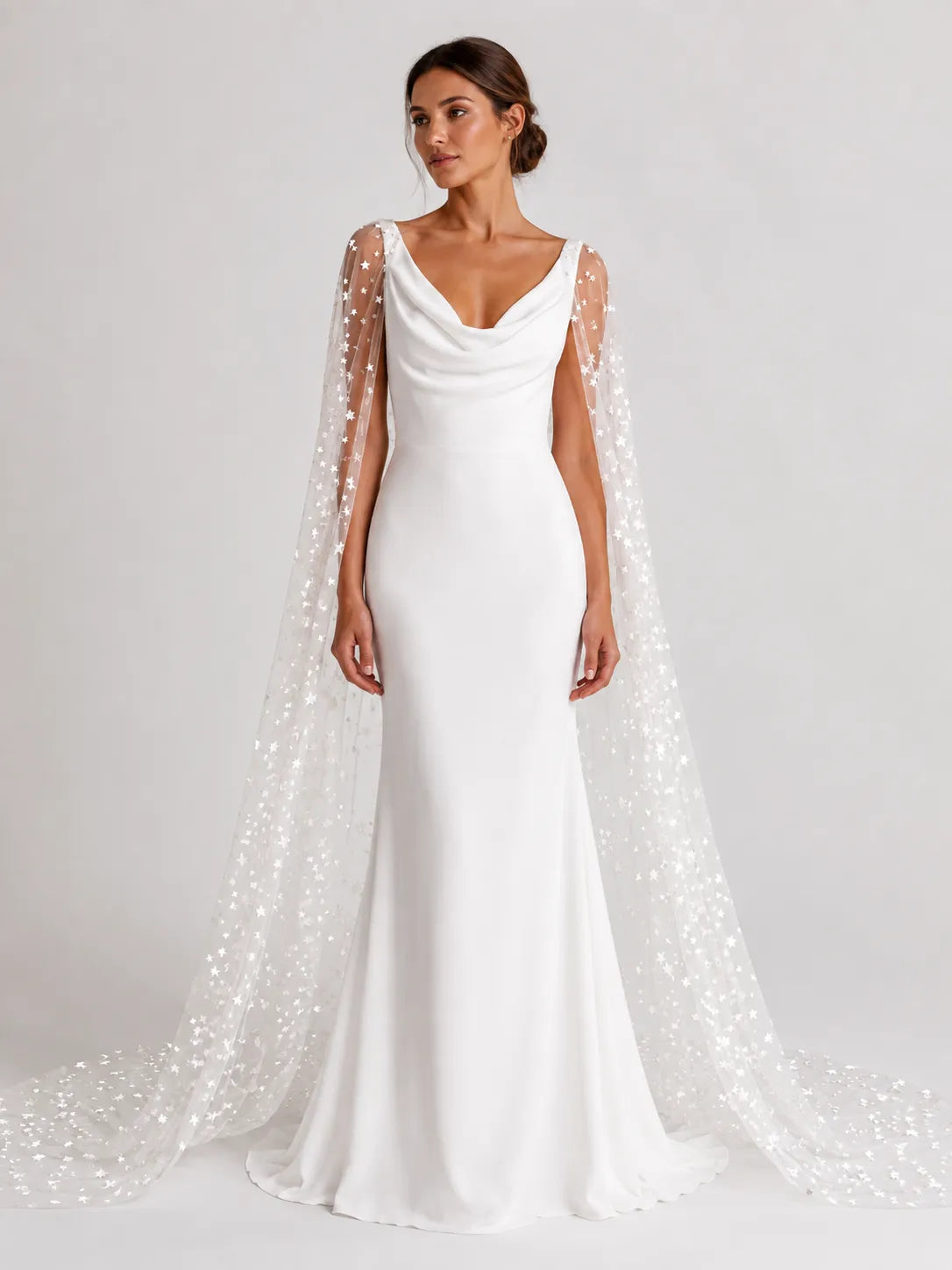 Elegant Cowl-Neck Sheath Wedding Dress with Star-Embroidered Tulle Cape and Low V-Back