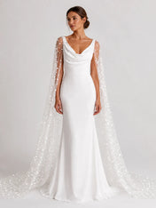 Elegant Cowl-Neck Sheath Wedding Dress with Star-Embroidered Tulle Cape and Low V-Back