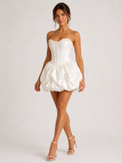 Elegant Strapless Sweetheart Mini Wedding Dress with Pearl Detail, Bubble Skirt and Lace-Up Back