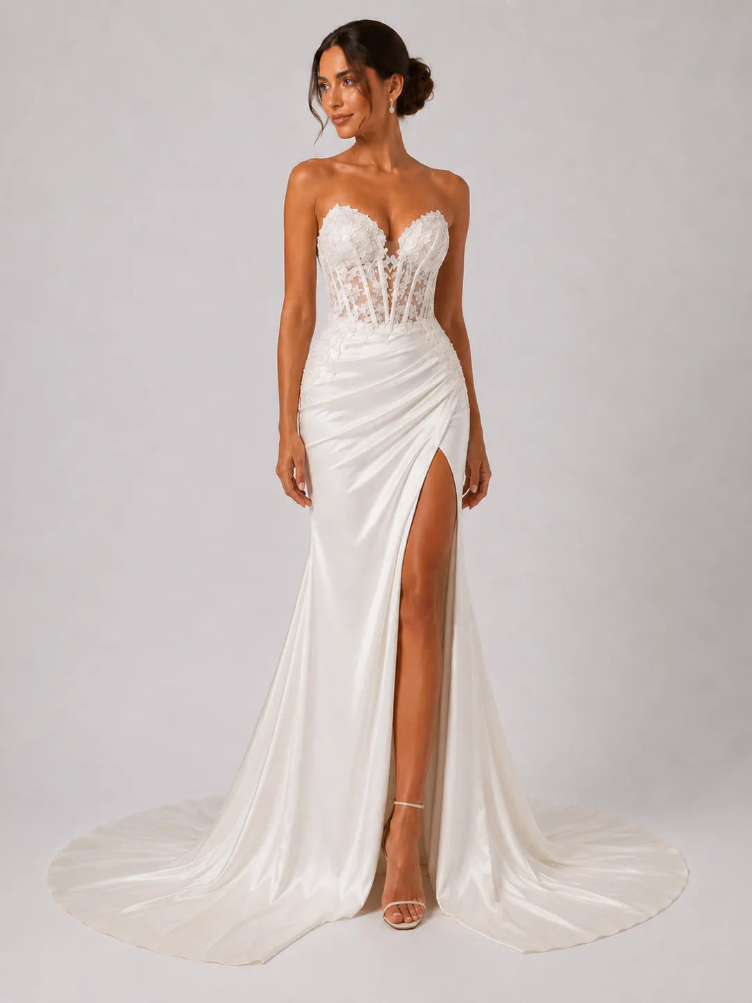 Elegant Strapless Lace Corset Satin Wedding Dress with High Slit and Chapel Train