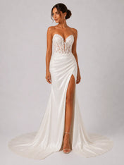 Elegant Strapless Lace Corset Satin Wedding Dress with High Slit and Chapel Train