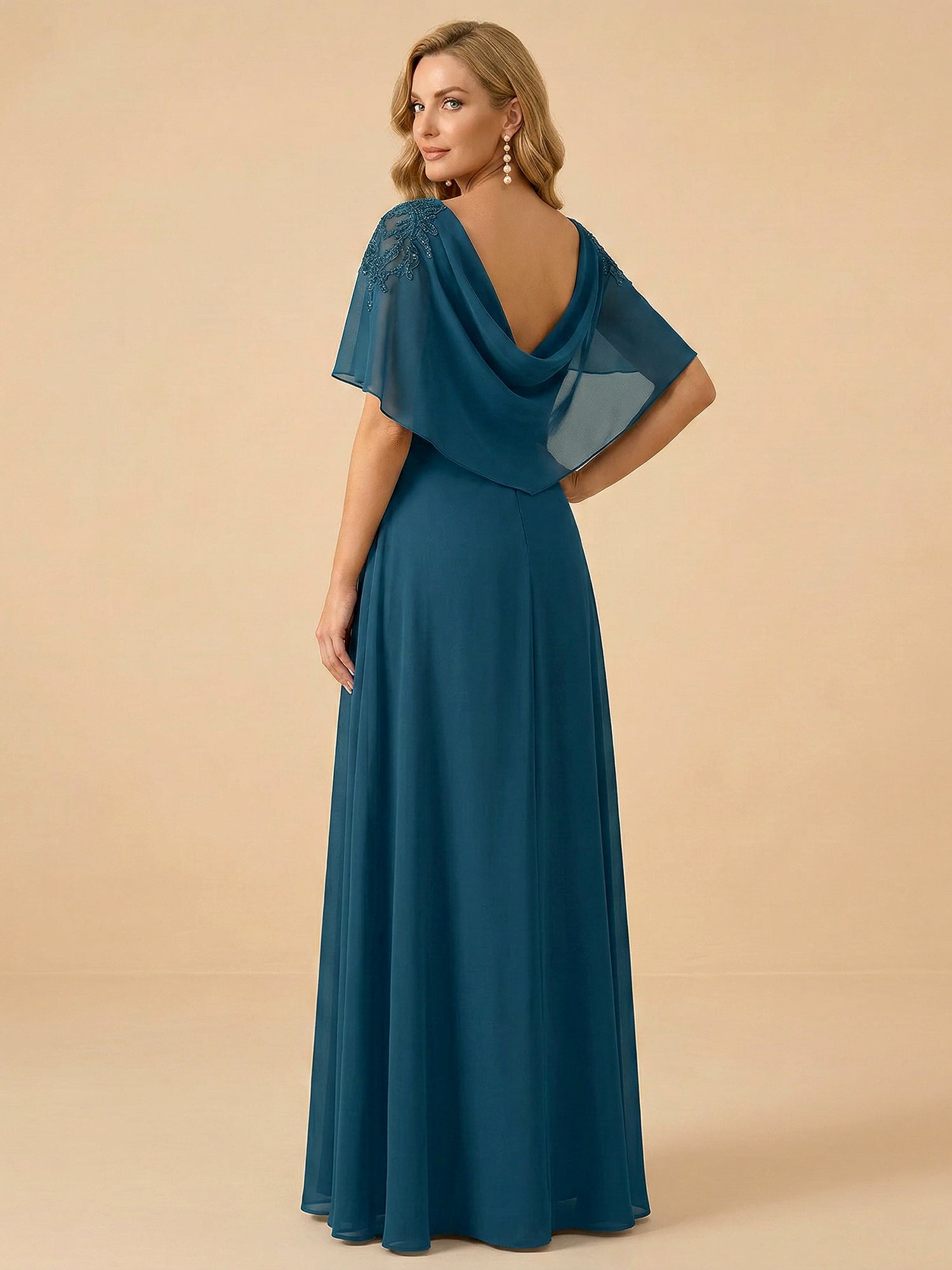 A-Line Lace Appliques Draped Back Chiffon Mother of the Bride Dress Maxi Dress