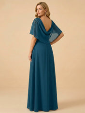 A-Line Lace Appliques Draped Back Chiffon Mother of the Bride Dress Maxi Dress