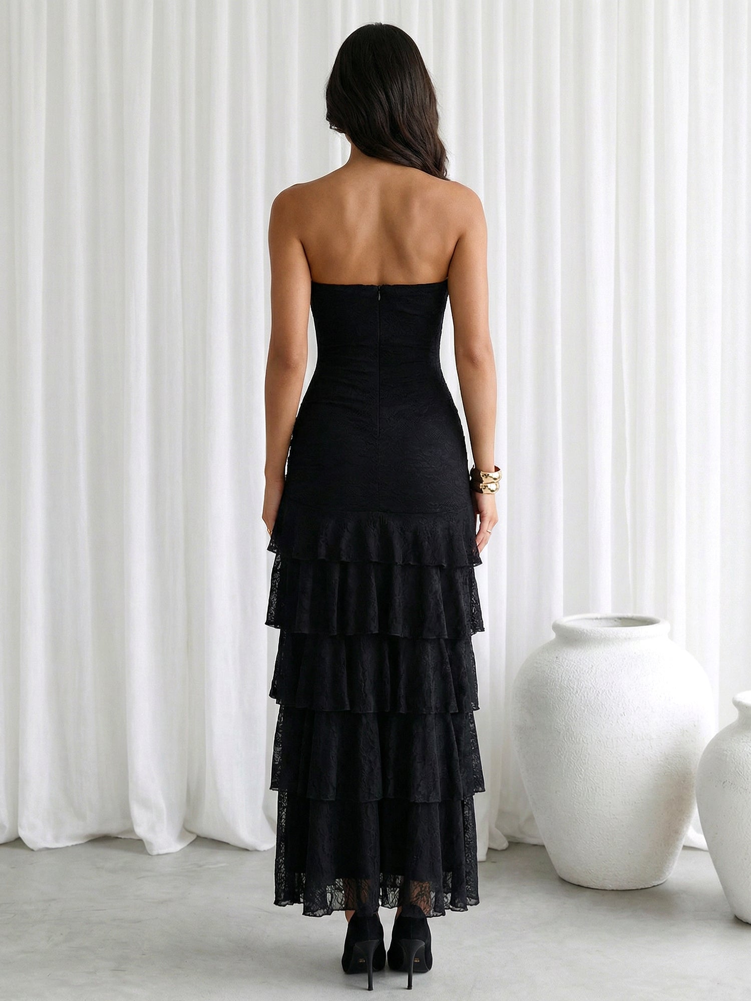 Black Strapless Chiffon Tiered Maxi Dress with Slit