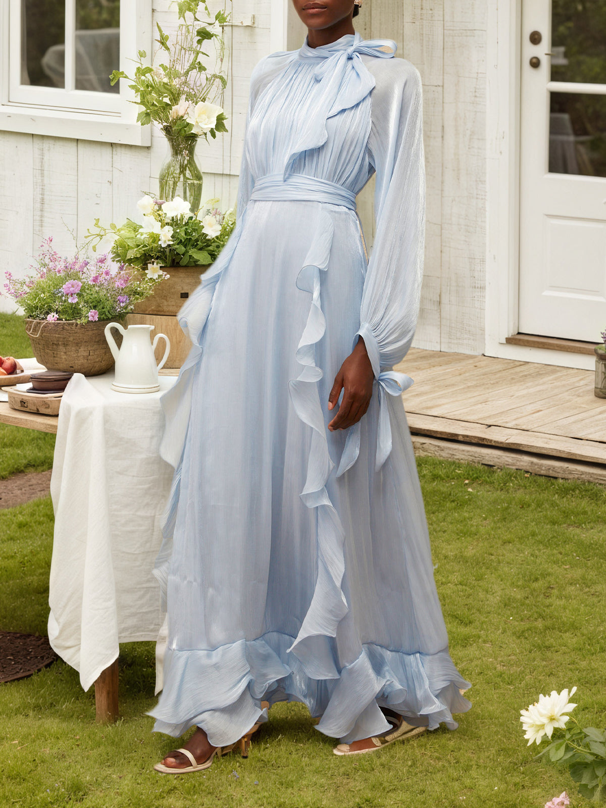 Blue Glossy Pleated Maxi Dress