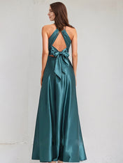 A Line Satin Halter Neck Sleeveless Floor Length Bridesmaid Dress