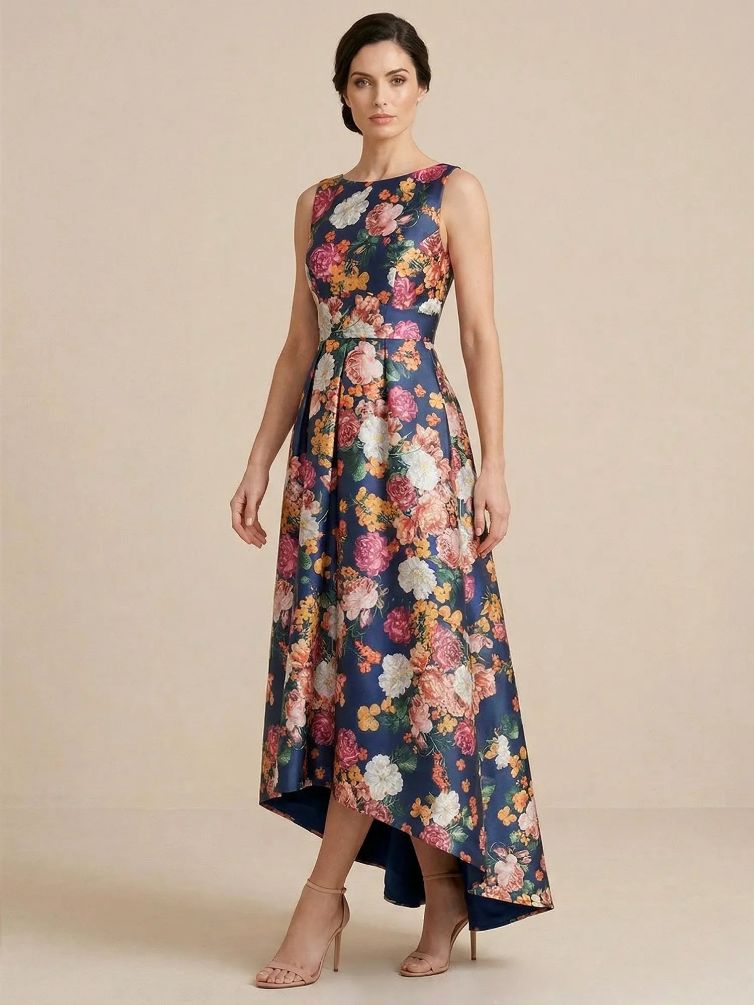High Low Print Flower Satin A Line Mother of the Bride Dresses