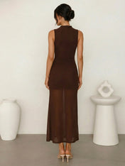 Brown O Neck  Mermaid Ankle Length Maxi Dress with Ruffle