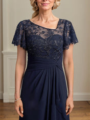 A-line Asymmetrical Illusion Floor-Length Lace Chiffon Mother of the Bride Dress With Cascading Ruffles Sequins