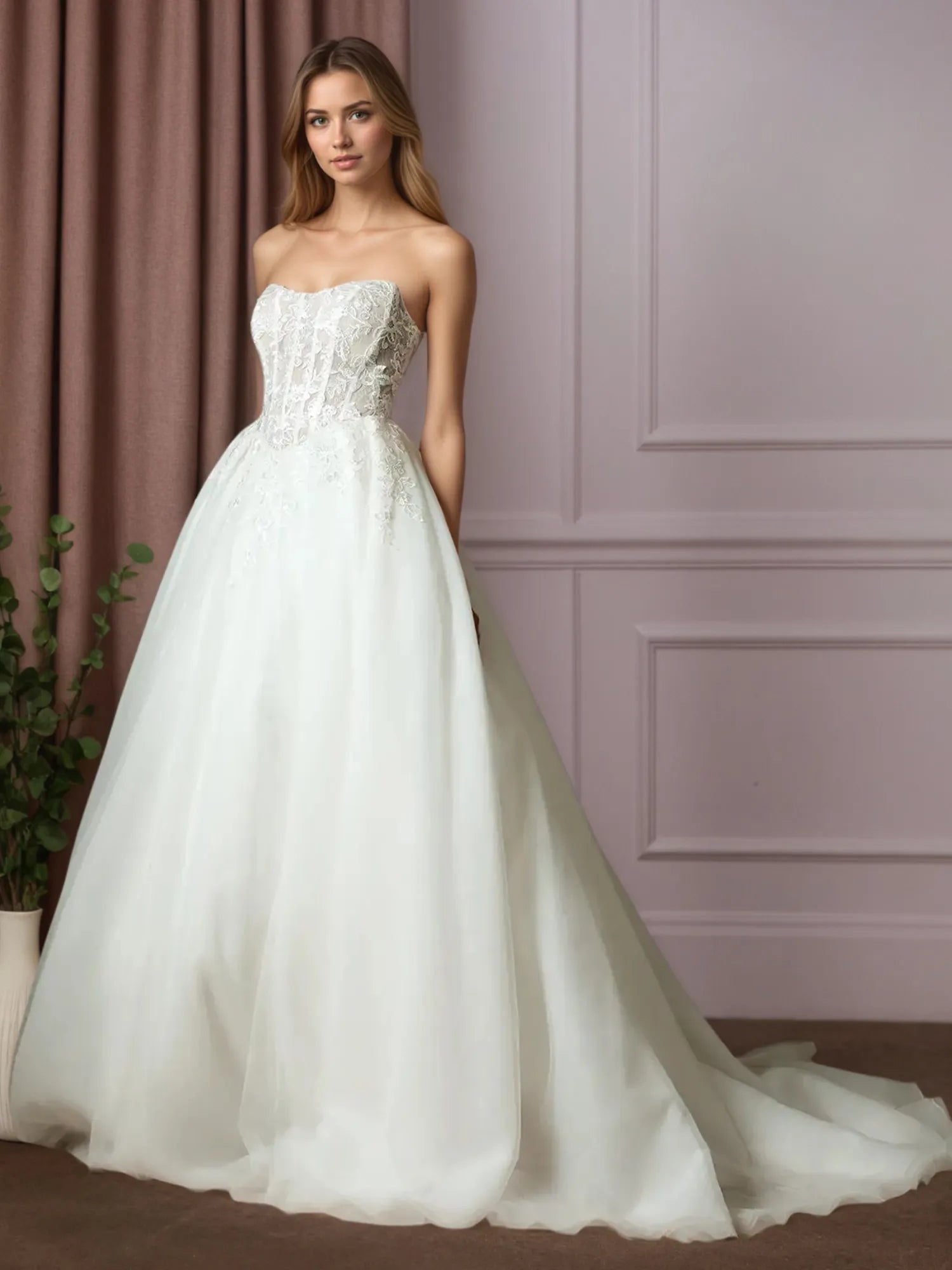 White Ball-Gown Strapless Pleated Lace Wedding Dress