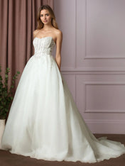 White Ball-Gown Strapless Pleated Lace Wedding Dress