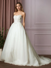 White Ball-Gown Strapless Pleated Lace Wedding Dress