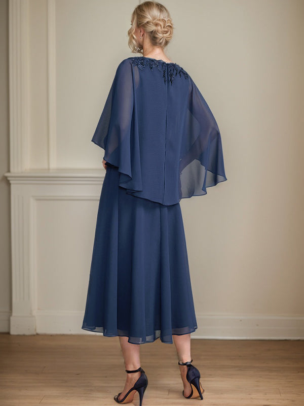 A-line V-Neck Tea-Length Chiffon Lace Mother of the Bride Dress With Beading Sequins