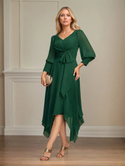 A-line V-Neck Asymmetrical Chiffon Mother of the Bride Dress With Bow Pleated