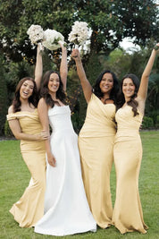 Mermaid Off the Shoulder Champagne Elastic Satin Long Bridesmaid Dresses