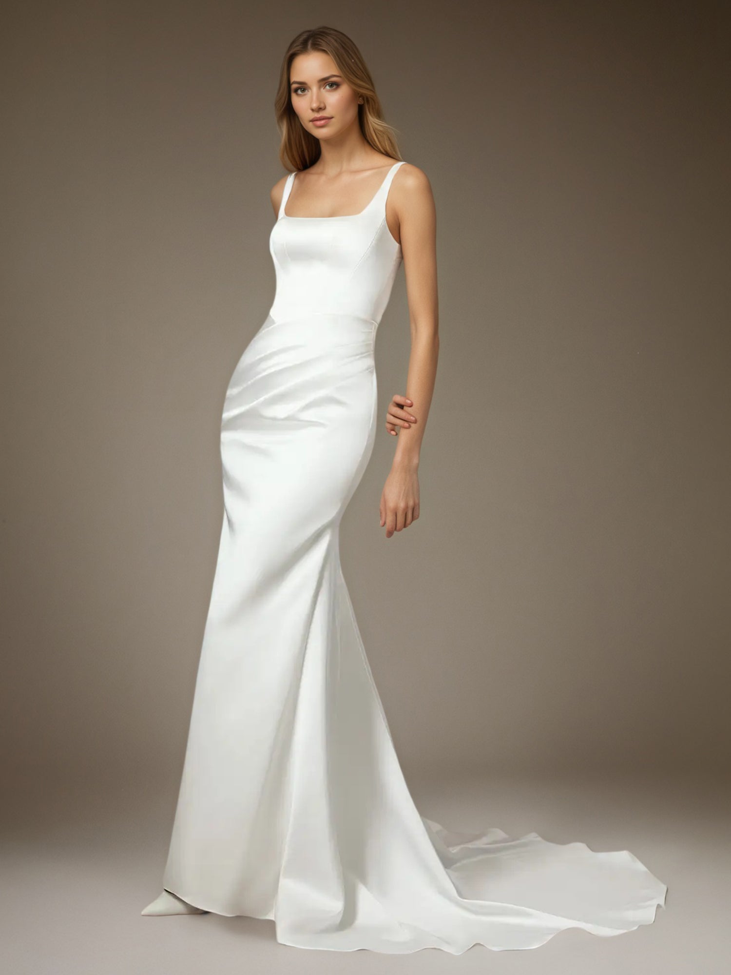 White Mermaid Square Neckline Double Faced Satin Wedding  Dress
