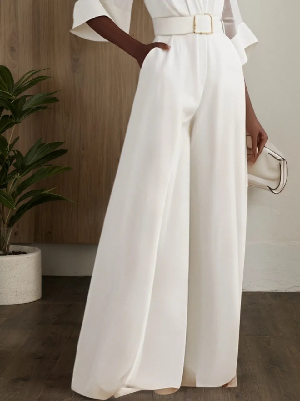 White Mesh V Neck Half Sleeve Plain Wide-Leg Jumpsuit With Belt