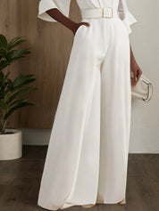 White Mesh V Neck Half Sleeve Plain Wide-Leg Jumpsuit With Belt