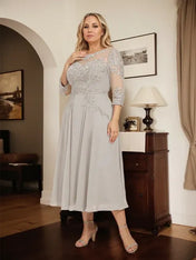 A-line Scoop Illusion Tea-Length Chiffon Lace Mother of the Bride Dress With Beading Sequins