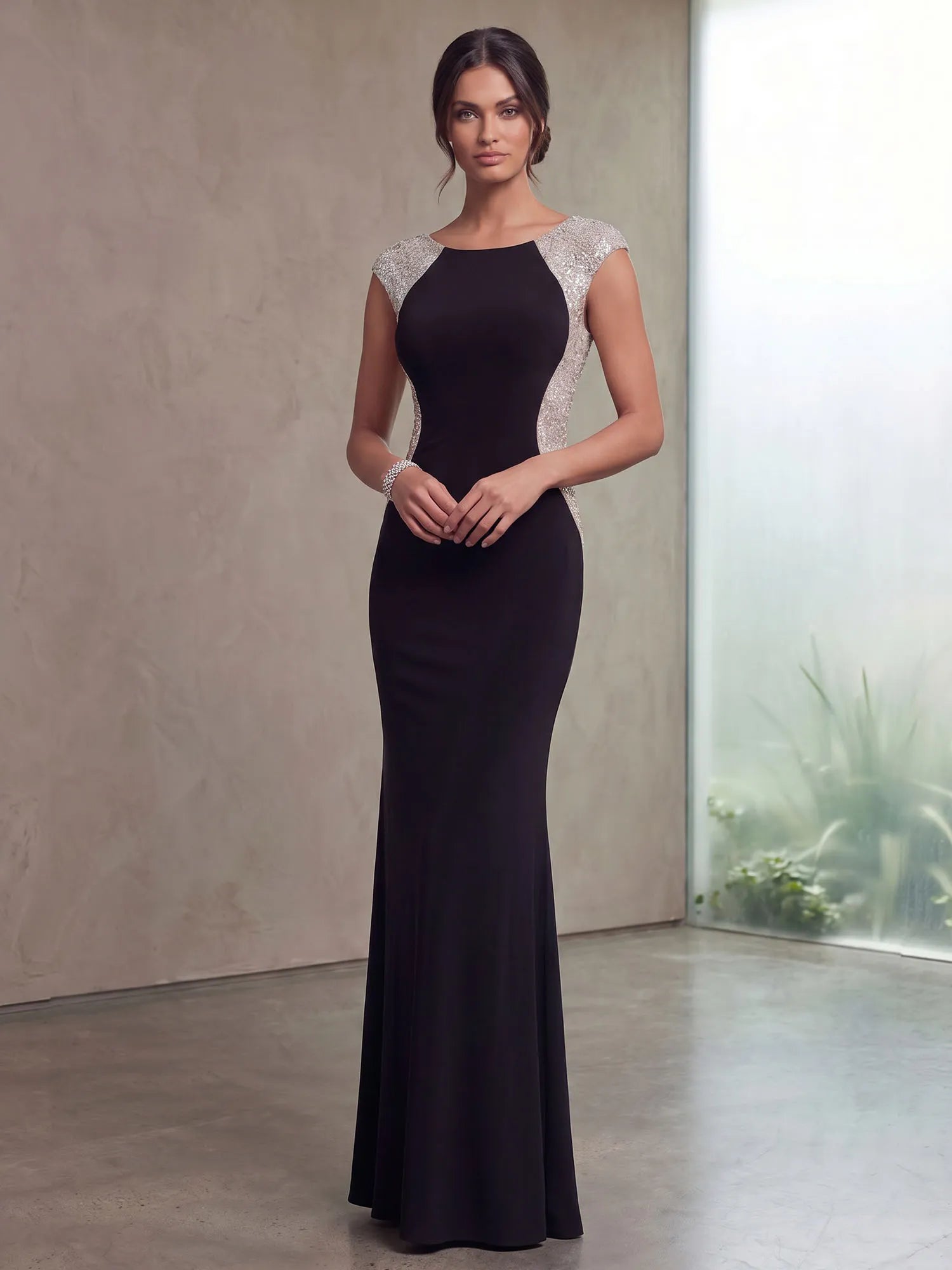 High Neck Cap Sleeve Sequin Contrast Mermaid Evening Gown
