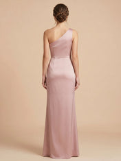 One-Shoulder Satin Mermaid Bridesmaid dresses with Dramatic Thigh-High Side Slit