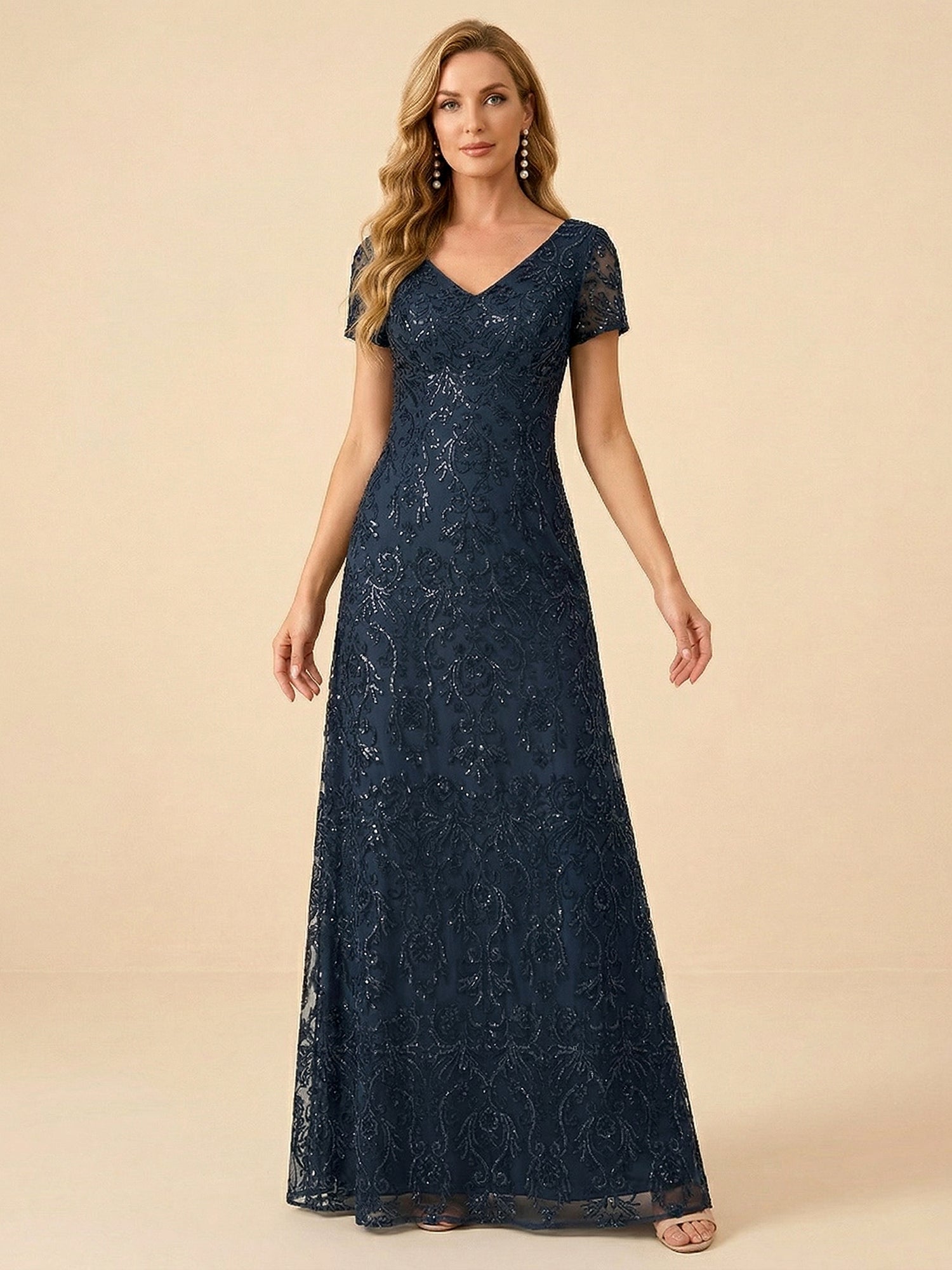 Navy Blue V-Neck Embroidery Short Sleeves Mother of the Brides Gown