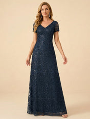 Navy Blue V-Neck Embroidery Short Sleeves Mother of the Brides Gown