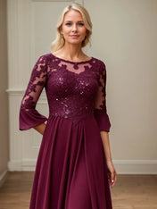 A Line Scoop Neck Applique Tea Length Mother of the Bride Dress