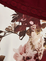 Wine Red Lace Floral Satin V Neck Short Sleeve A-Line Maxi Dress