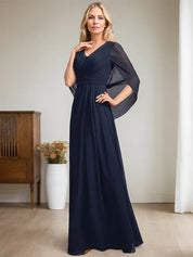 Robe longue bleu marine foncé à col en V et coupe trapèze pour mère de la mariée 