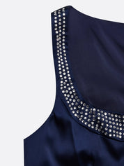 Purplish Blue Hotfix Embellished Bow Classic Crew Neck Sleeveless Sheath Midi Dress