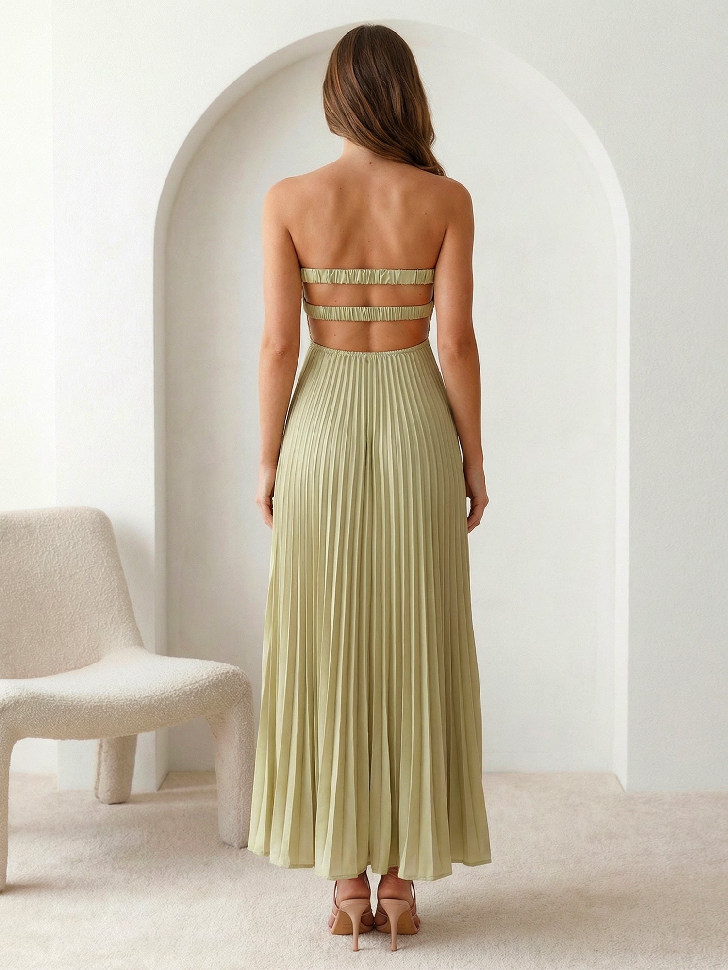 Sage Sweetheart Satin A Line Pleat Maxi Dresses Hollowed