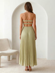 Sage Sweetheart Satin A Line Pleat Maxi Dresses Hollowed