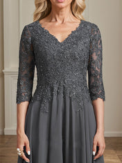 A-line V-Neck Tea-Length Chiffon Lace Mother of the Bride Dress With Beading Sequins